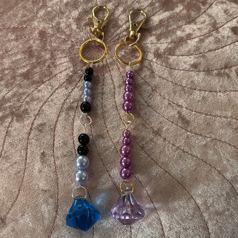 Handmade Beaded Keychain pair- Blue and Purple Crystal Charm (handmade)